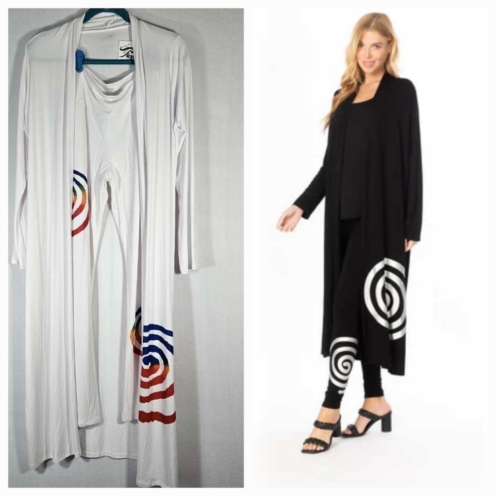 Boutique White Spiral Print Duster Cardigan & Leggings Set S/M Boho Open Front